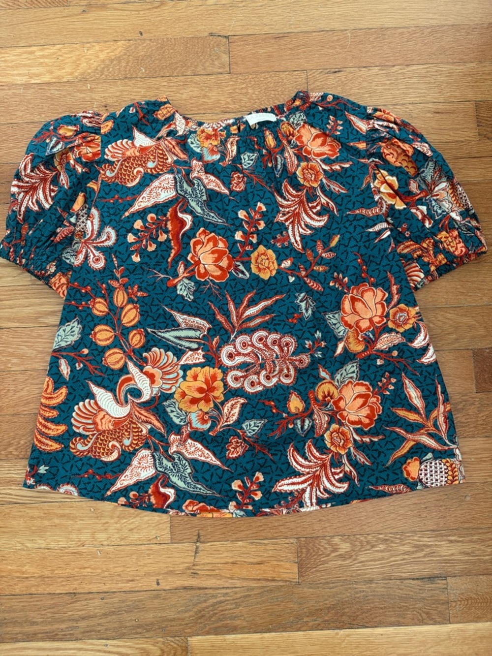 Ulla Johnson Teal Floral Puff-Sleeve Blouse with Orange Accents